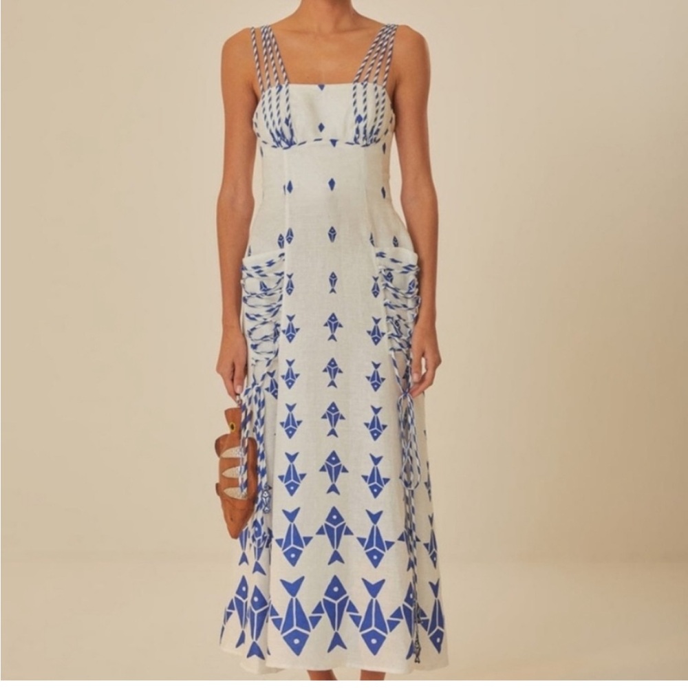 FARM Rio Off White With Graphic Fishes Euroflax Premium Linen Maxi Dress small